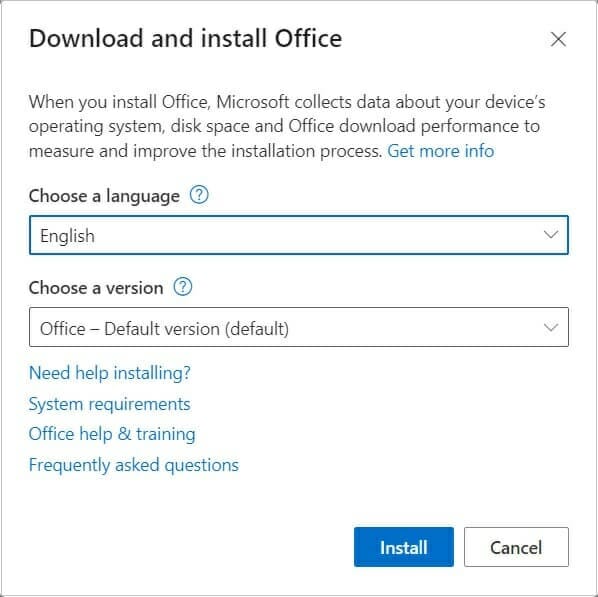 Download and install Office prompt