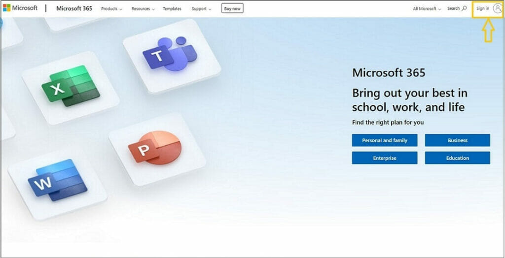 Go to Microsoft365.com and click on the sign-in icon