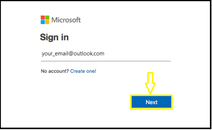 Enter your Microsoft account email address and select Next.