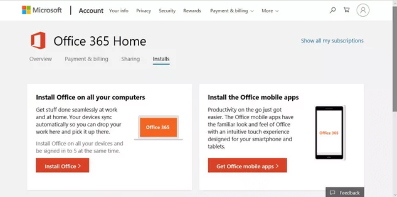 On the Microsoft 365 Family web page, select Install Office.