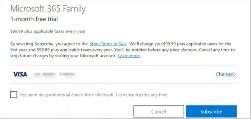 Microsoft 365 Family free trial summary page