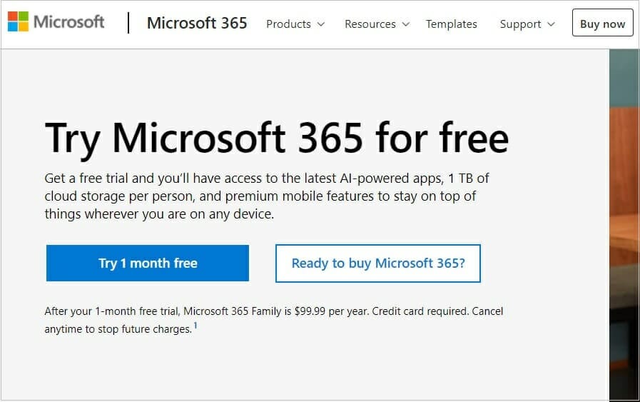 Microsoft 365 free trial page
