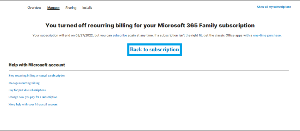 Turned off recurring billing confirmation screen