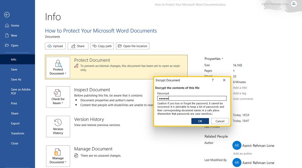 Create a password for the Document.