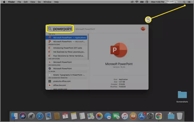 Finding PowerPoint in Spotlight Search in macOS
