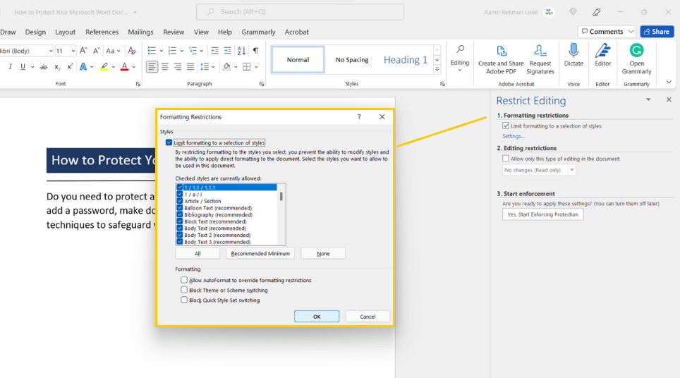 Document displaying a Restrict Editing pane for formatting and editing restrictions on the right-hand side.