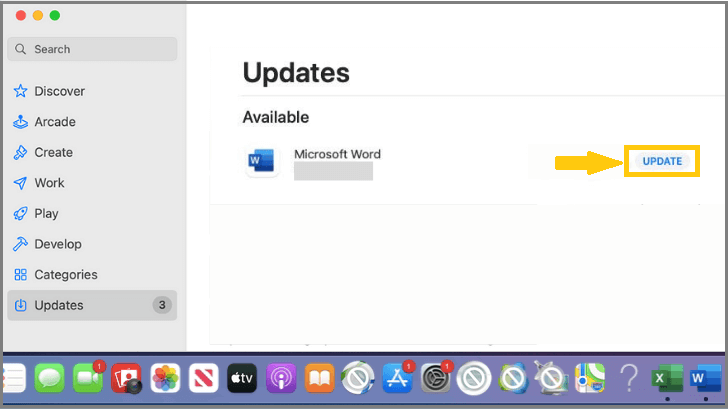 Locate the "Word" app, then click "Update."