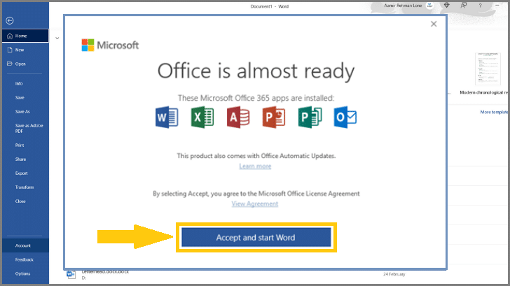 Select Accept to agree to the Microsoft Office License terms.