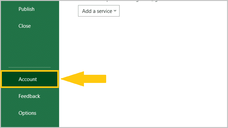 Account option in left-hand pane of Microsoft Excel