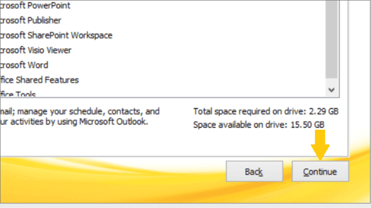 Click Continue to uninstall and remove Outlook from your computer.
