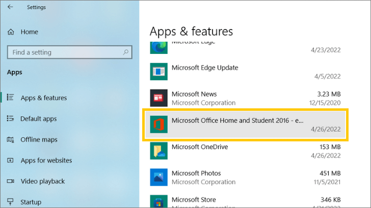 Locate and select your Microsoft Office installation from the list of apps.