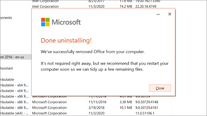 The confirmation message saying, Office is "Done uninstalling."