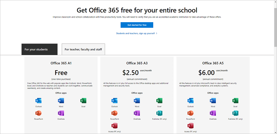 Office 365 pricing plans for students