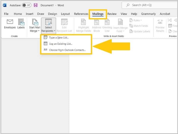 Click the Mailings tab to review your document sharing options.