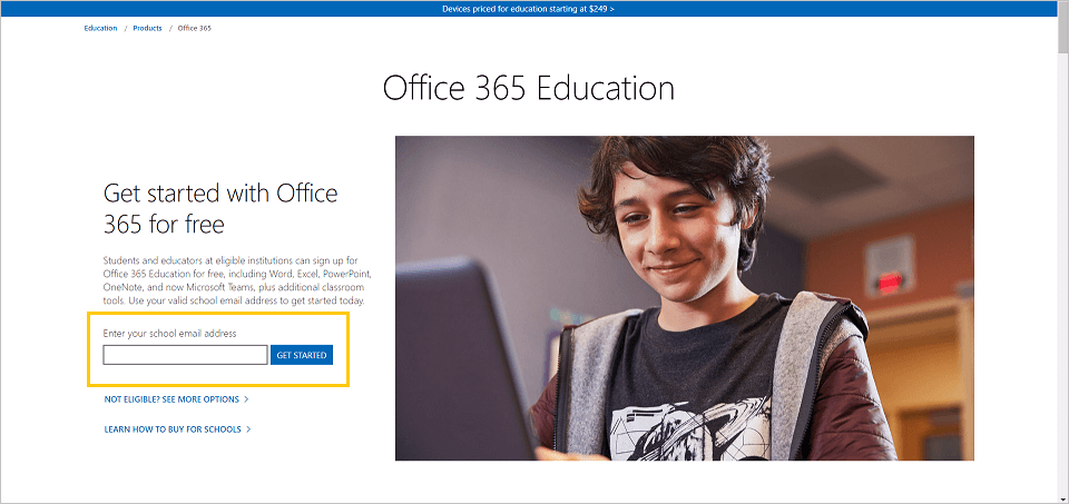 Screenshot of Office 365 Education website