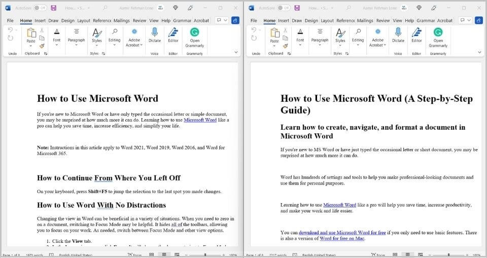 Open the two documents you are comparing in Word.