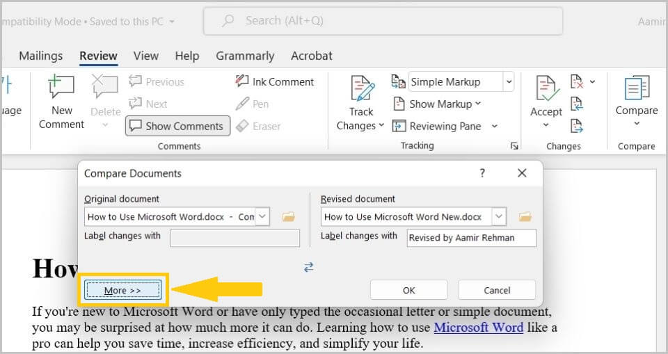 Click the "More >>" button to show the settings for comparing documents.