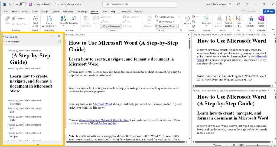 The "Revisions" pane on the left in Word.