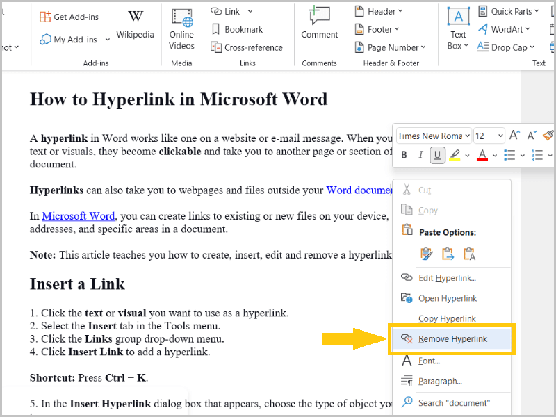Click Remove Hyperlink