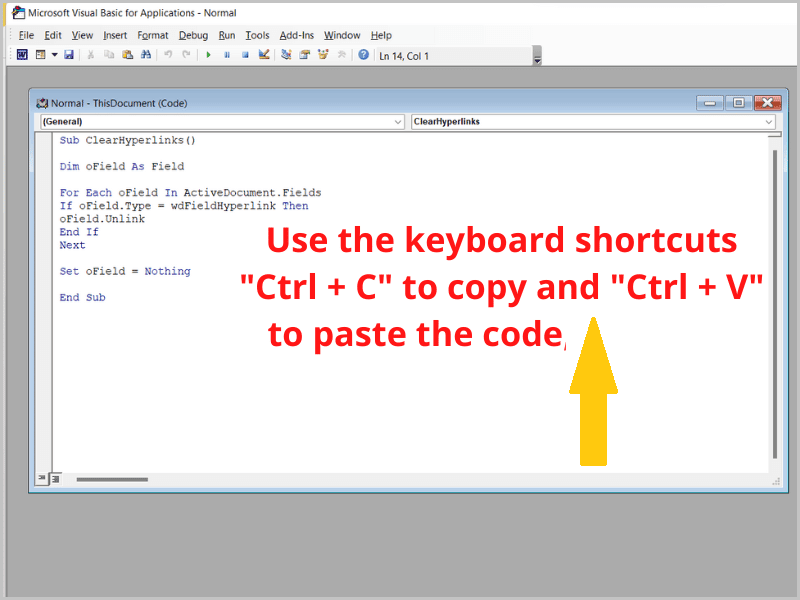 Copy and paste the code into the Microsoft Word module window