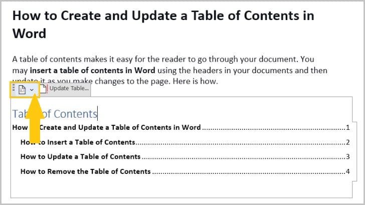 Drop-down arrow for removing the table of contents menu
