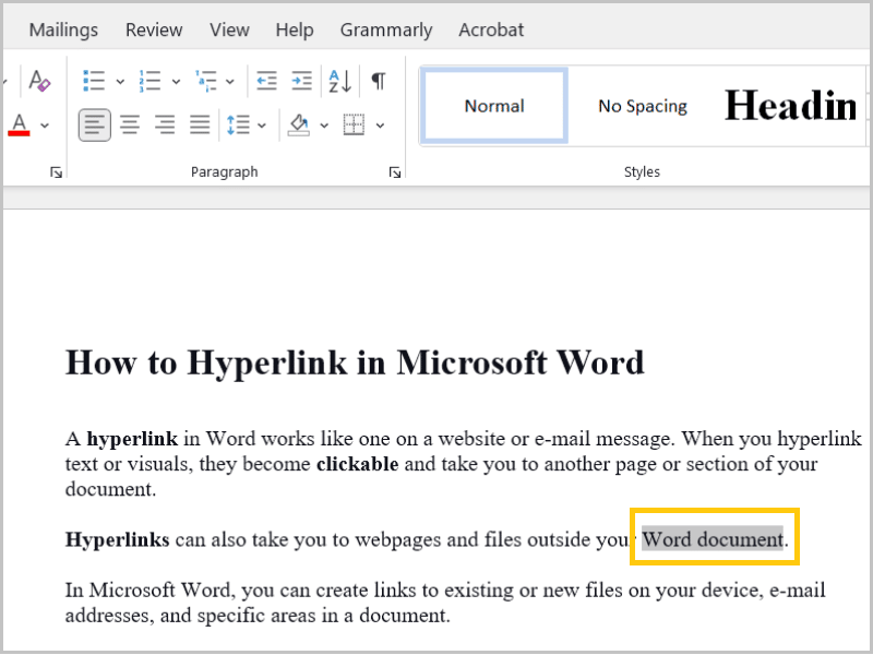 Select the text or visual you want to use as a hyperlink