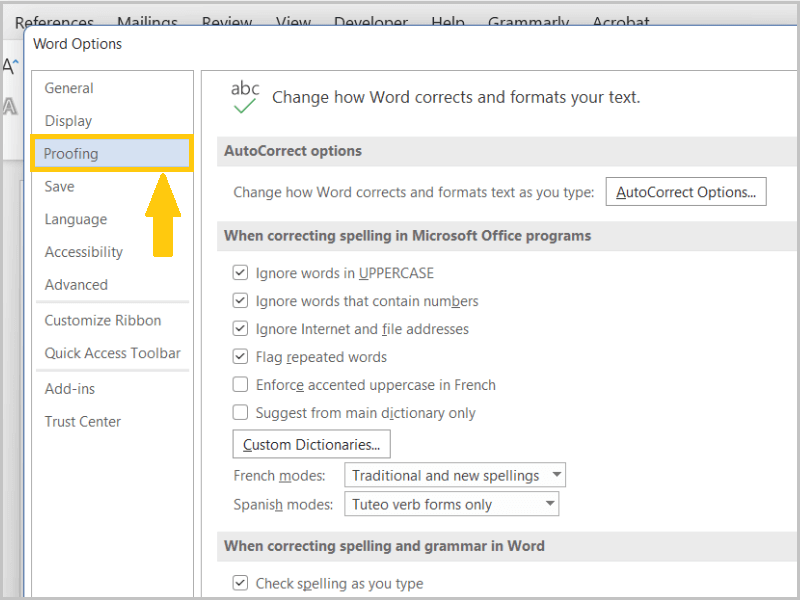 Select "Proofing" in Word Options window