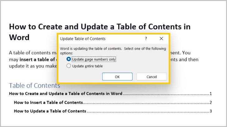 Select "Update page numbers only" or "Update entire table"