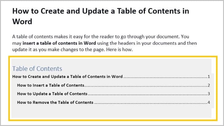 Select the table of contents you want to remove