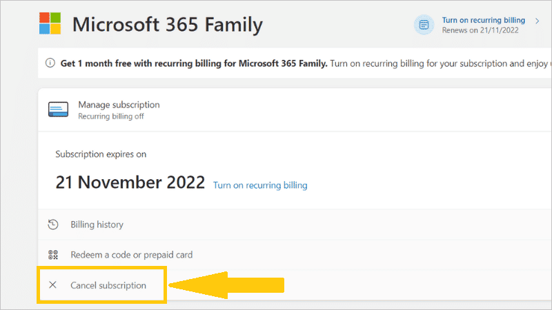 Microsoft 365 Family manage and cancel subscription page