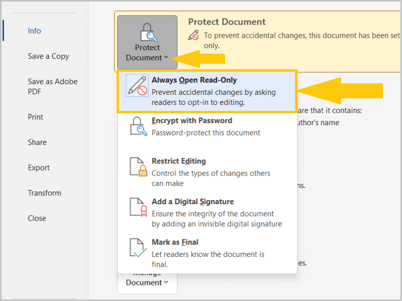 Click the "Protect Document" drop-down arrow and select "Always Open Read-Only" to disable it