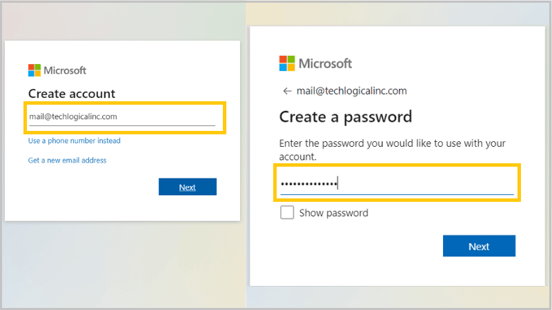 Create a new Microsoft account by typing your email and a password