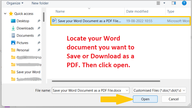 Locate the Word document and click the Open button