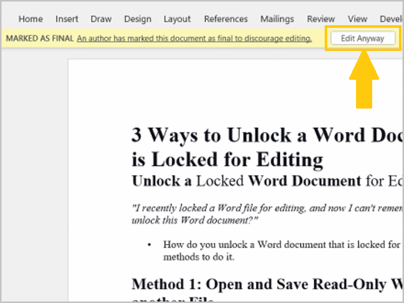 Select "Edit Anyway" to unlock the Word document marked as final