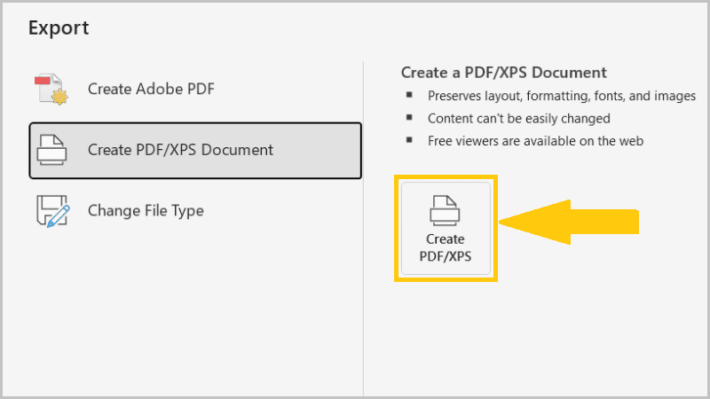 Select the Create PDF/XPS button