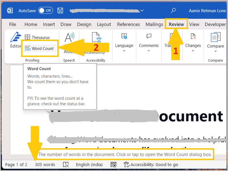 Word Count option in Microsoft Word