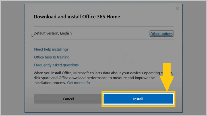 Review your Options, Click Install to Download Office Setup.