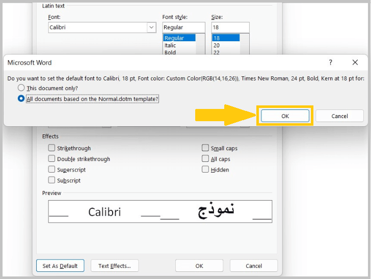Select OK to confirm and change the Default Font