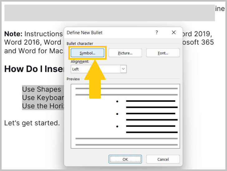 Select the Symbol tab in Word Windows or Bullet tab in Word for Mac