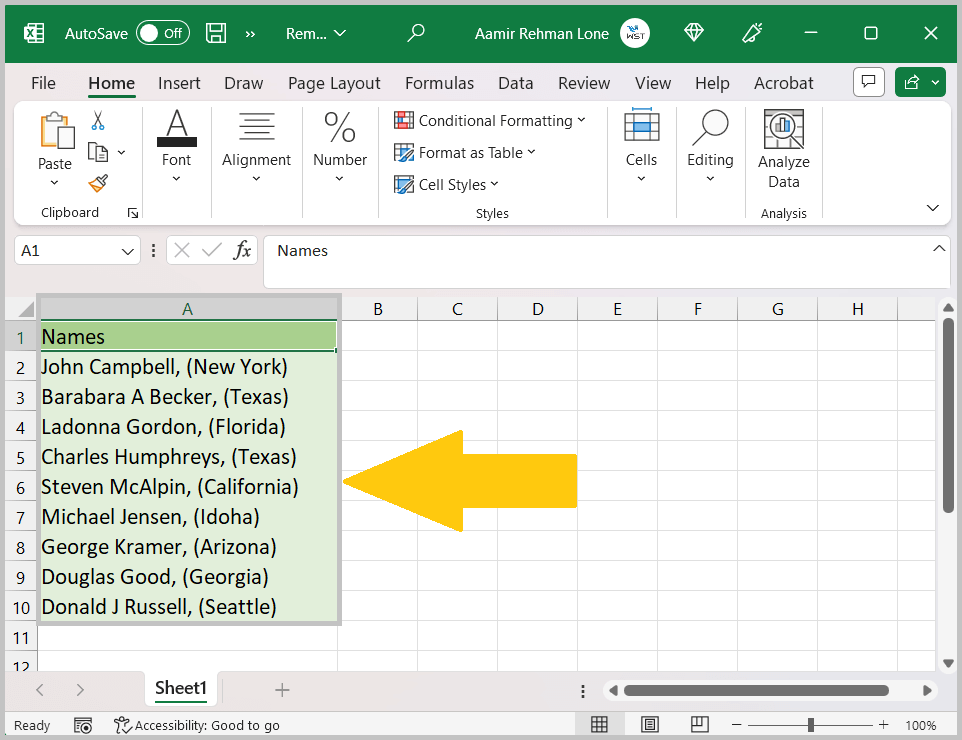 Example dataset to remove parentheses in Excel